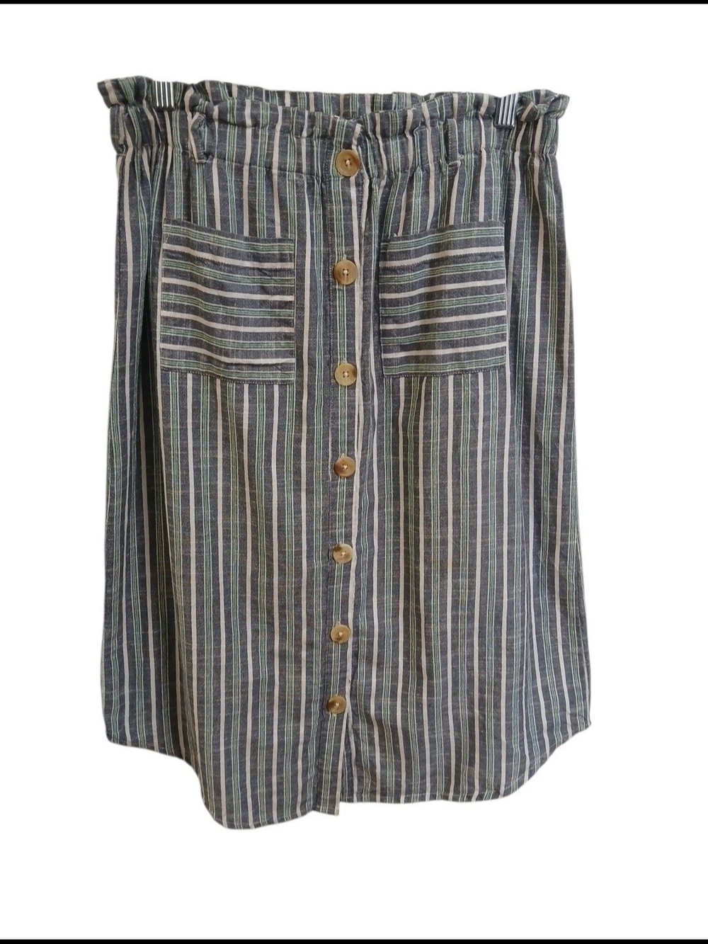 Blue Rain Striped Button-Front Midi Skirt in Blue and Green